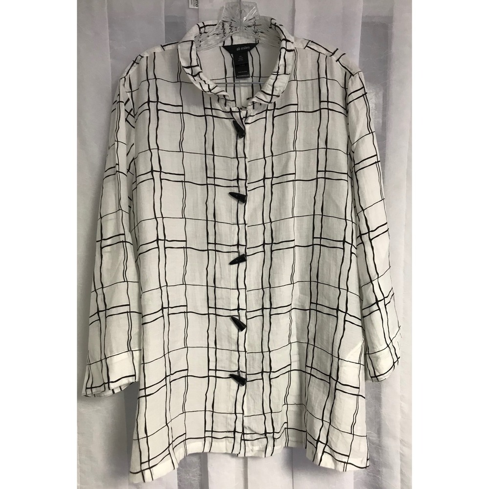 Ali Miles Womens XL White Black Windowpane‎ Grid Toggle Button Long Sleeve Shirt